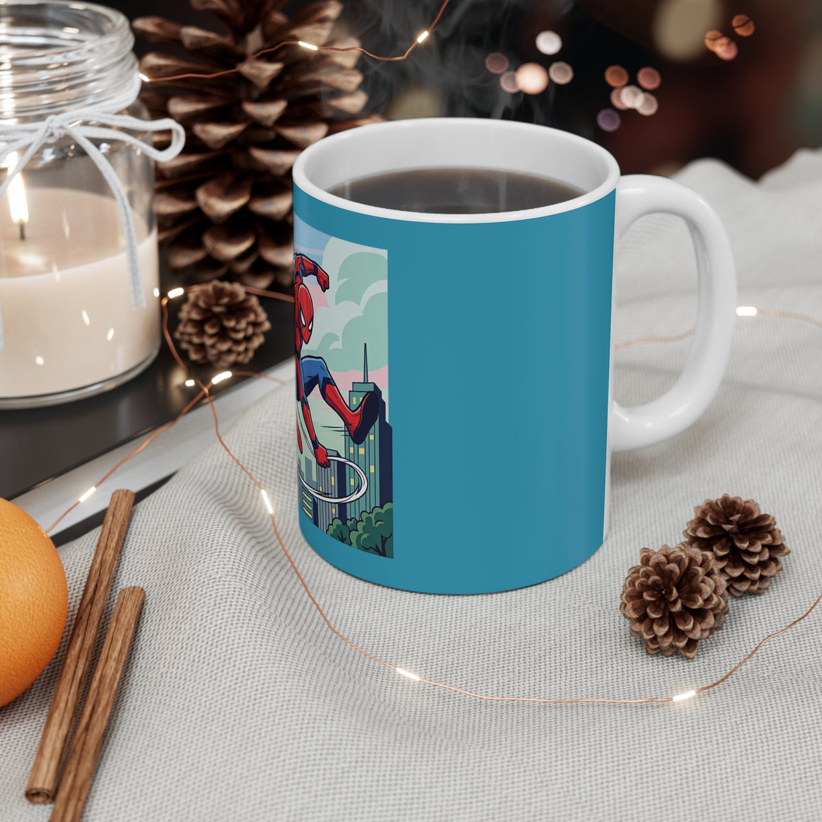 Spider Hero action mug with comic-style design, teal border, and hot coffee, on a cozy table setting.