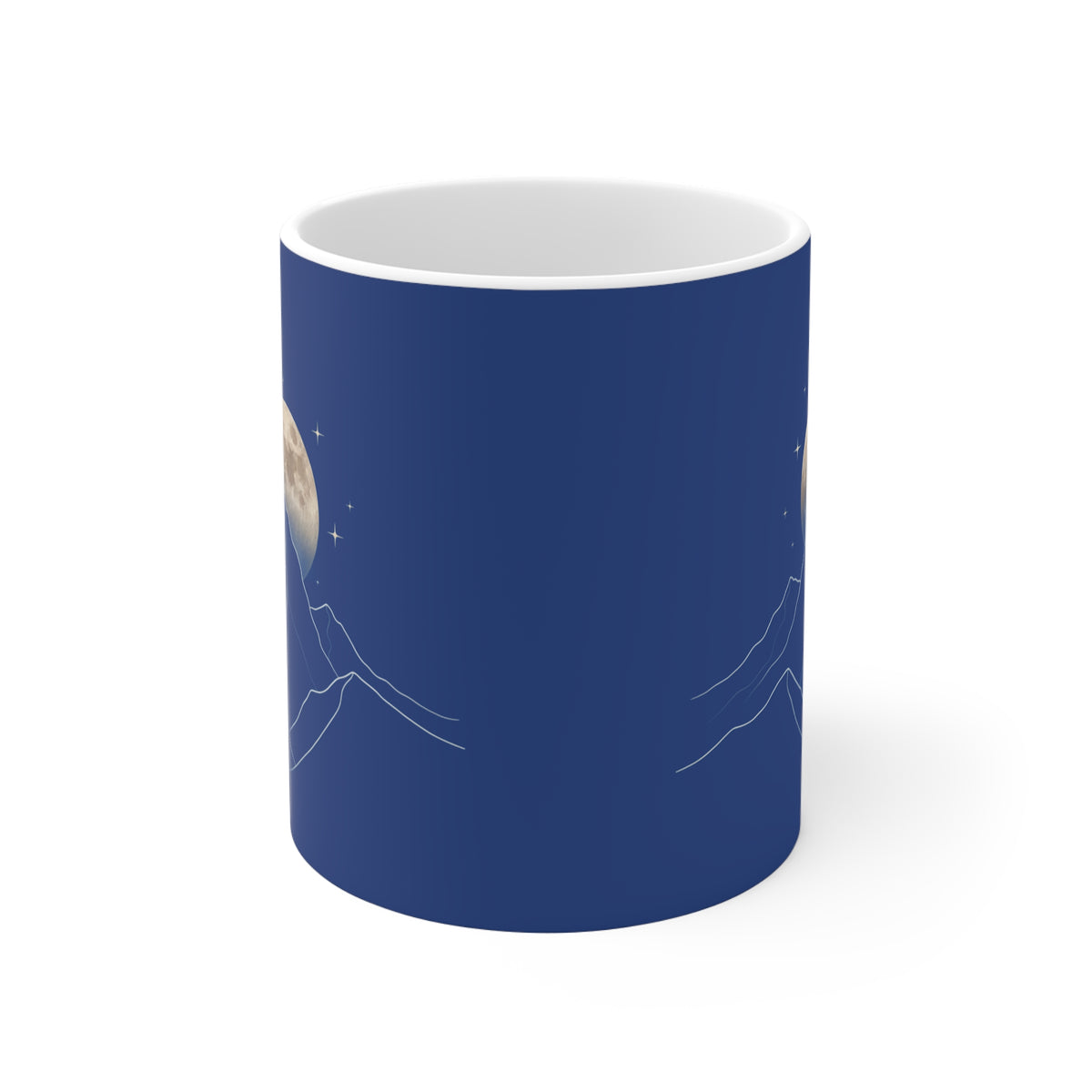 Minimalist line art coffee mug featuring a moon and mountain design on a blue background.
