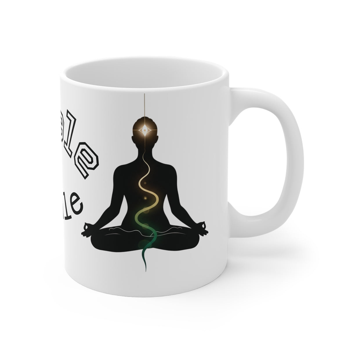 meditation yoga coffee mug featuring a silhouette in meditation with 'Inhale Exhale' text and glowing chakra line.